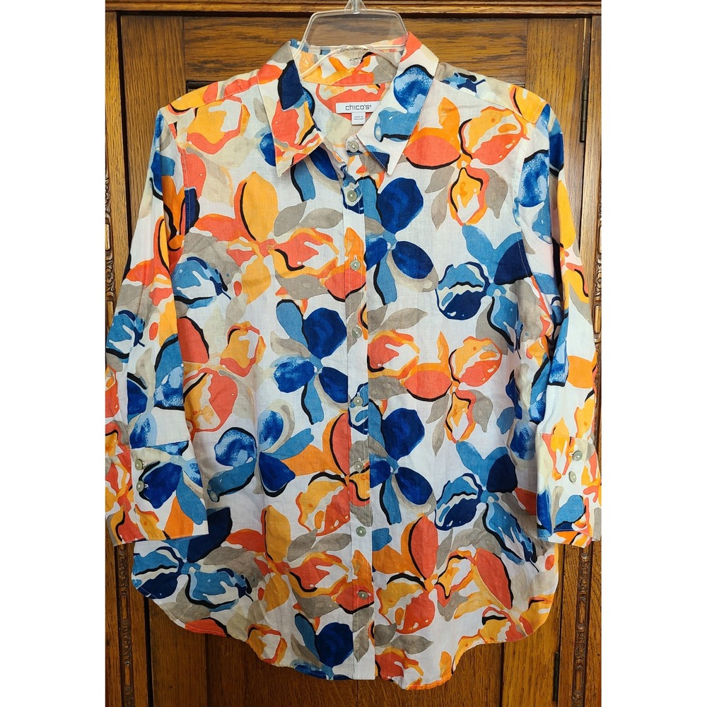 Chicos 100% Linen Abstract Floral Button Down Shirt Size 1.5 Medium Large Blue